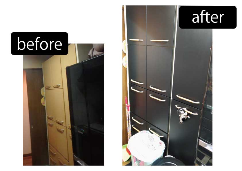食器棚は今あるものを利用し、色を冷蔵庫と統一感あるようにリメイクしました。